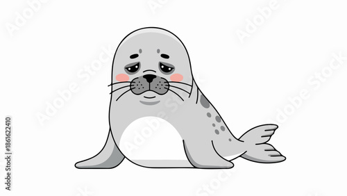 Cartoon-style illustration of a playful gray seal with black spots and pink cheeks sitting upright on its hind flippers