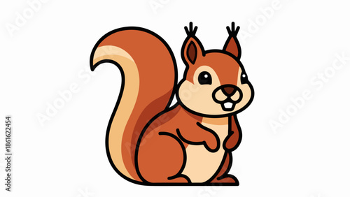 Cartoon illustration of a playful squirrel with reddish-brown fur and a cream-colored underside