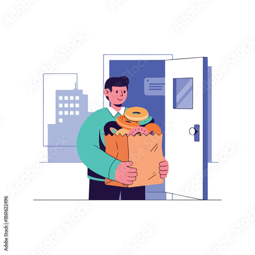 A man holding a bag with food and a bagel, standing in front of an open door with a cityscape background. Perfect for food delivery, restaurant promotions, and advertising materials.