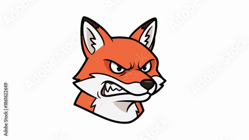 Cartoon-style illustration of a fox's head with bright orange fur and white facial markings