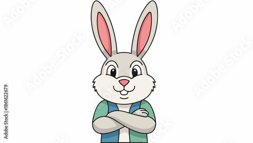 Cheerful cartoon rabbit with blue and green striped shirt standing confidently