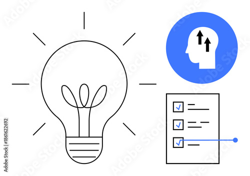 Innovation concept. Innovation ed with a light bulb, checklist, and head profile creative thinking and productivity. Innovation for business, education, growth, planning, and teamwork