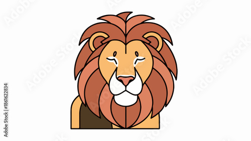 Detailed illustration of a lion's head with a rich brown mane and closed eyes on a light brown background