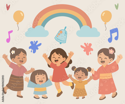 Happy Asian Children Celebrating Together with Rainbow – Cute Flat Vector Illustration