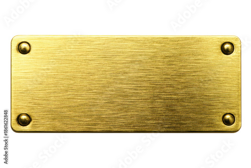 Brushed brass rectangle plate with rounded corners and rivets on black metal
