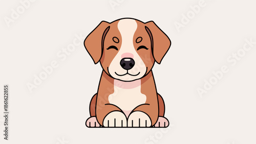 Cartoon illustration of a friendly brown dog with white facial markings, chest, and paws, sitting upright with a contented smile and closed eyes