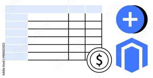 Financial management. Currency symbol alongside a data table s efficient financial management. Growth icons highlight strategy and planning. For banking, analytics, corporate finance, technology