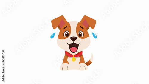 Cartoon dog with brown and white fur, red collar, and yellow tag, sitting upright with a melancholic expression