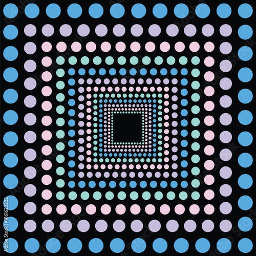 Visual effect created by squares of neon blue, purple, pink and mint green circles on a black background, getting progressively smaller