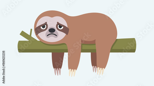 Playful cartoon illustration of a light brown sloth hanging from a green branch