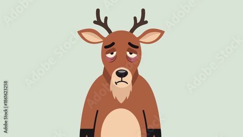 Cartoon reindeer illustration with melancholic expression on beige background