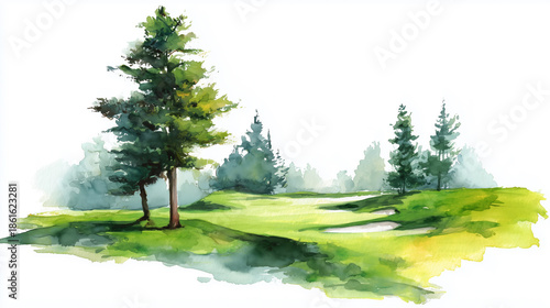 ゴルフ場の水彩イラスト