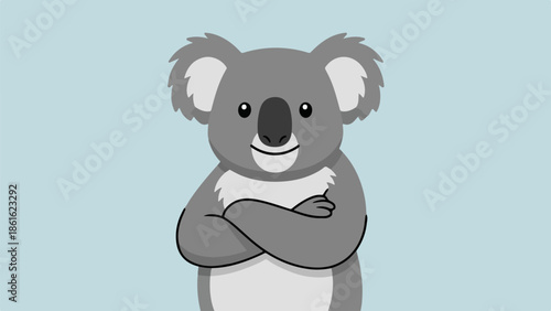 Cartoon koala illustration with crossed arms on light blue gradient background