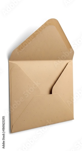 Open brown envelope with string closure on white background.