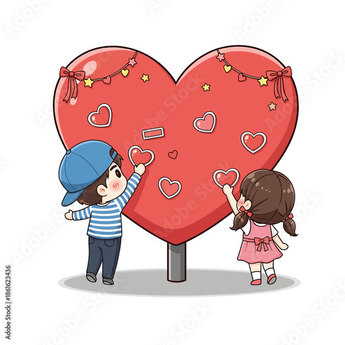 Cute cartoon boy and girl decorating a giant red heart with smaller hearts and string lights.
