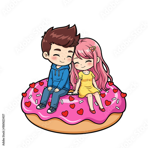 Cute cartoon couple sitting on a pink donut with sprinkles and hearts, chibi style illustration of a boy and girl in love.