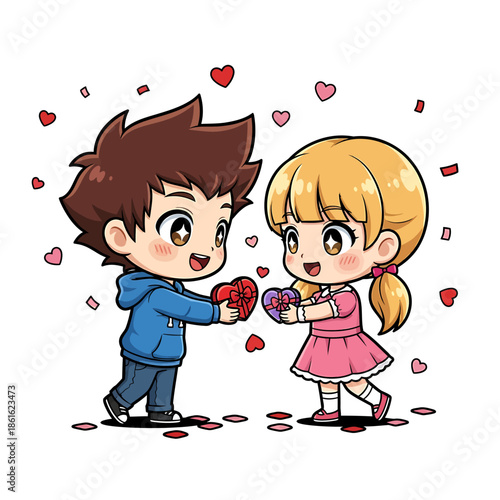 A cute chibi cartoon boy and girl exchanging heart-shaped gifts surrounded by floating hearts and confetti.