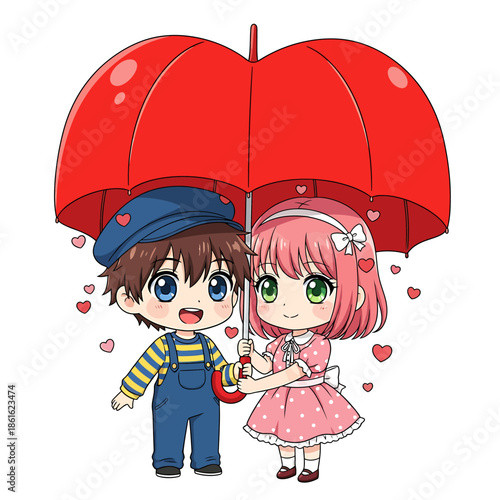 Cute chibi cartoon boy and girl holding hands under a red umbrella with floating hearts, symbolizing love and affection.