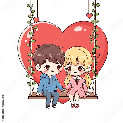 Cute chibi couple holding hands on a swing with a large red heart background, symbolizing love and romance.
