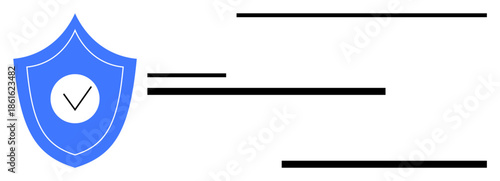 Blue shield icon with white circle and checkmark, alongside black lines implying text or data. Ideal for cybersecurity, data protection, privacy, approval, trust, reliability verification. A simple