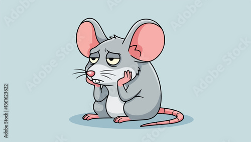 Cartoon mouse with pink accents sitting upright on hind legs, light blue background