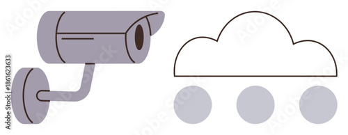 Surveillance camera connected to cloud representing remote monitoring, data security, advanced technology. Ideal for privacy, safety, cybersecurity, smart systems, AI, IoT simple flat metaphor