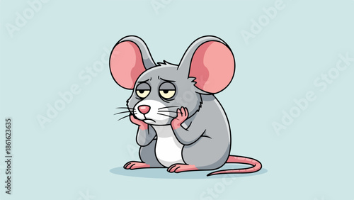 Cartoon mouse with pink ears and gray body in a contemplative pose on a light blue background