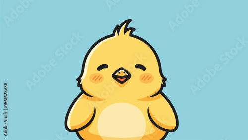 Cheerful cartoon chick illustration with vibrant yellow body, white belly, and orange cheeks on light blue background