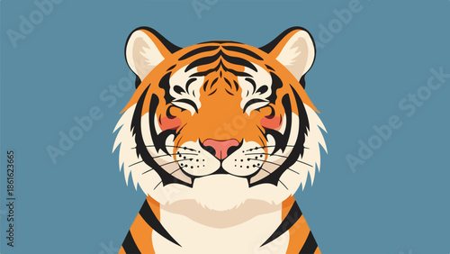 Serene tiger face with closed eyes on gradient blue background