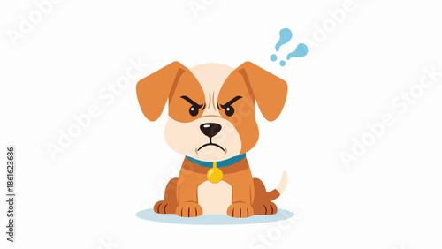 Annoyed brown and white puppy sitting on light blue water with blue collar and yellow tag
