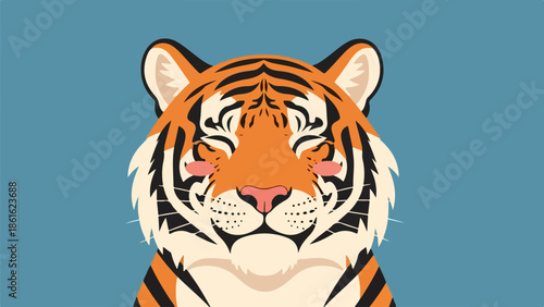 Detailed illustration of a tiger's head with closed eyes and slightly open mouth on a blue background