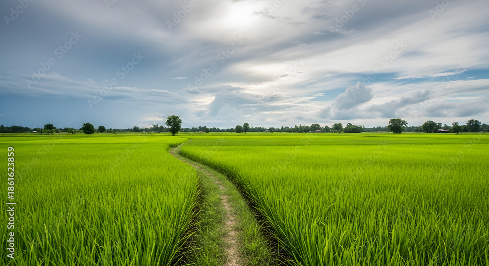 Fototapeta premium Lush Green Rice Paddy Field with Winding Path and Dramatic Cloudy Sky - Beautiful Agricultural Landscape