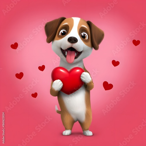 Happy puppy holding heart