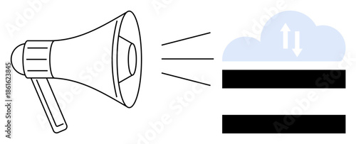 Megaphone projecting sound waves toward cloud storing data and streaming content. Ideal for communication, technology, cloud computing, data sharing, media, broadcasting, teamwork, simple flat