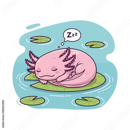 Adorable pink axolotl sleeping peacefully with closed eyes, soft smile, and Zzz bubbles floating above, perfect for bedtime stickers, kids' night graphics, and pet sleep illustrations.