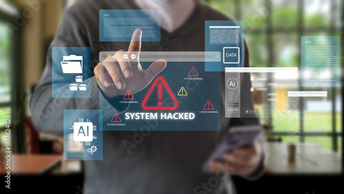 A person touches a virtual screen displaying a System Hacked warning with red alert icons and data windows, illustrating a cyber attack concept in a modern digital environment.