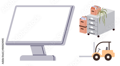 Desktop monitor, mobile filing cabinet with documents and plant, forklift. Ideal for office management, logistics, organization, productivity, workspace planning, business simple flat metaphor