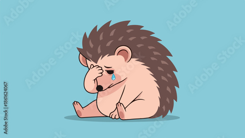 Cartoon hedgehog with brown fur and pink face sitting on a light surface, looking sad with a tear falling