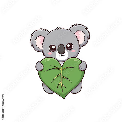 Cute cartoon koala bear holding a large green heart-shaped eucalyptus leaf, isolated on a white background.