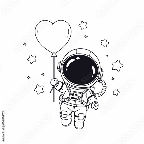 Cute cartoon astronaut in space suit holding a heart balloon surrounded by stars, black and white line art.