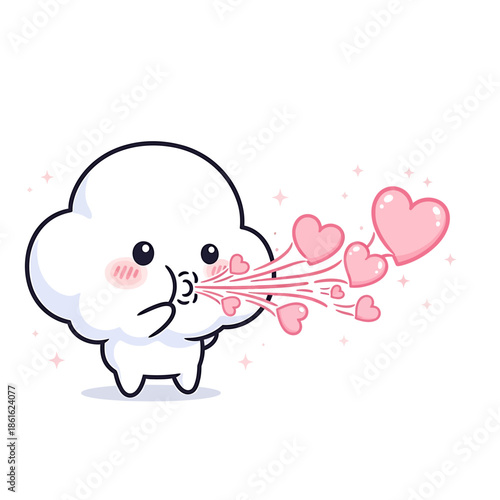 A cute white cartoon cloud character blowing out a stream of pink hearts, expressing love and affection in a sweet illustration.