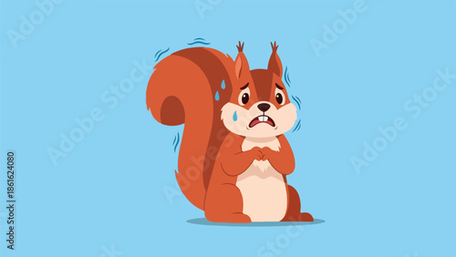 Seated squirrel with reddish-brown fur covering its face in distress on a light blue background