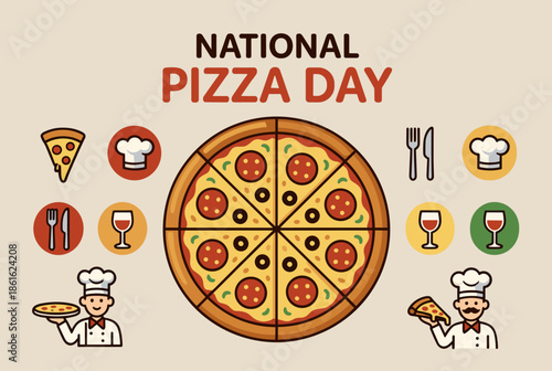 Festive National Pizza Day Vector Illustration with Chefs and Icons