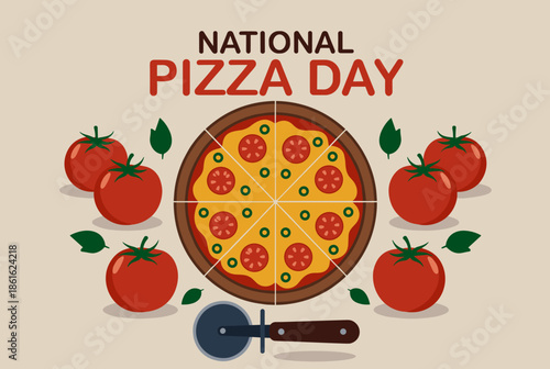 National Pizza Day Illustration Featuring Pizza, Fresh Tomatoes, and a Cutter