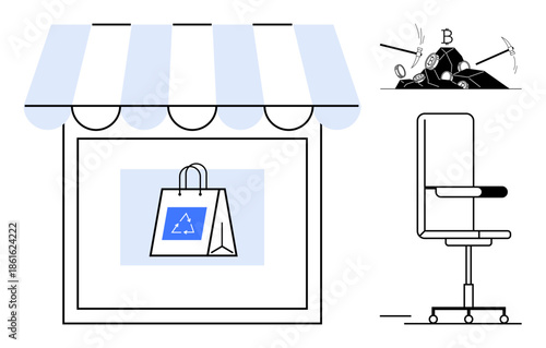 Sustainability, cryptocurrency mining, eco-friendly shopping, technological innovation, workplace ergonomics, renewable practices. Shopping bag, chair and cryptocurrency symbols. Sustainability