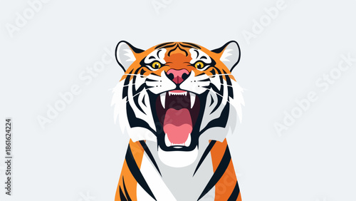Illustration of a tiger's head with open mouth and sharp teeth on a light gray background
