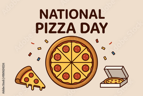 National Pizza Day Celebration with Cartoon Pizzas and Confetti