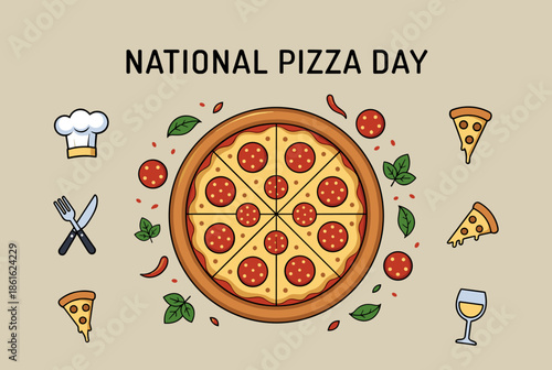 National Pizza Day Illustration with Pepperoni Pizza and Culinary Icons