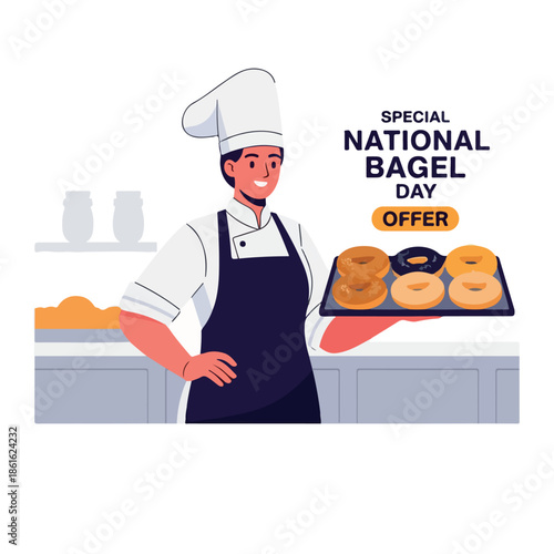 A cartoon chef in a white hat and apron holding a tray of bagels in a kitchen with a promotional sign. Perfect for advertising, food blogs, and restaurant menus.