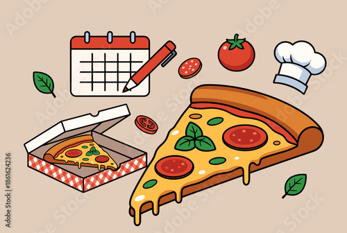 Flat Lay Illustration of Pizza Slice, Box, and Culinary Elements